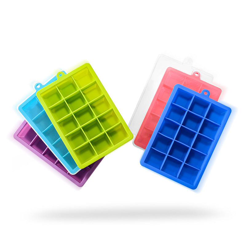 Kingwise Square Reusable Food Grade Silicone Rubber 15 Cavity Ice Cube Tray With Lid