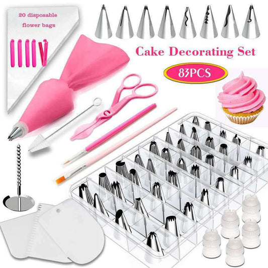 Pink 83 Pieces Baking Tools Kit Supplier Disposable Piping Tips Bags Nozzles Scraper Fondant Cake Decorating Set