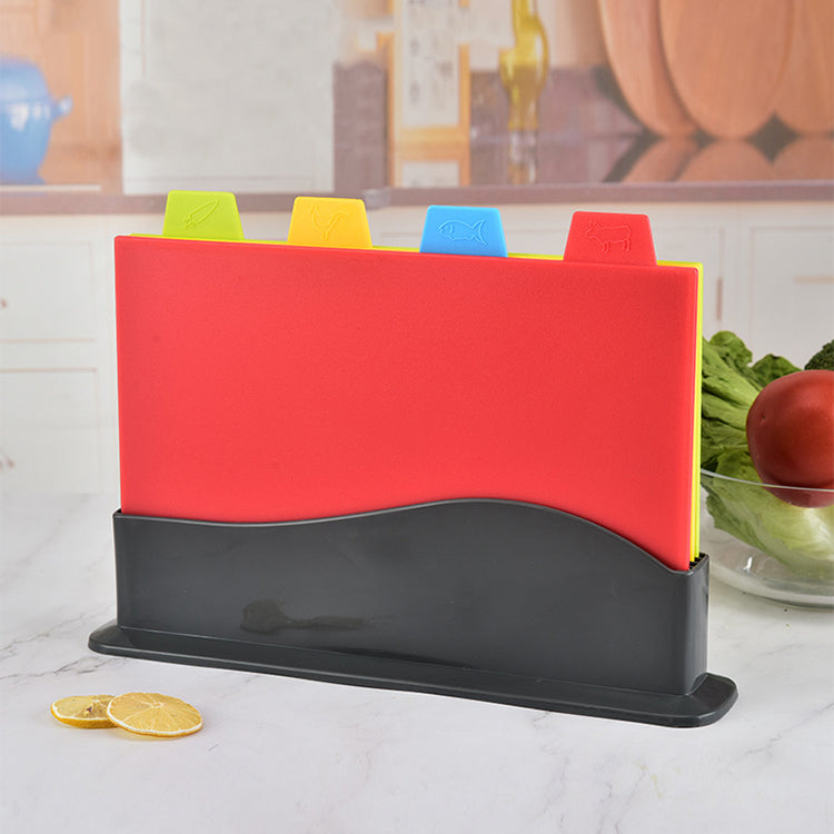 Wholesale 4 Pieces Color Coded Index Kitchen Plastic Cutting Board Set with Storage Stand