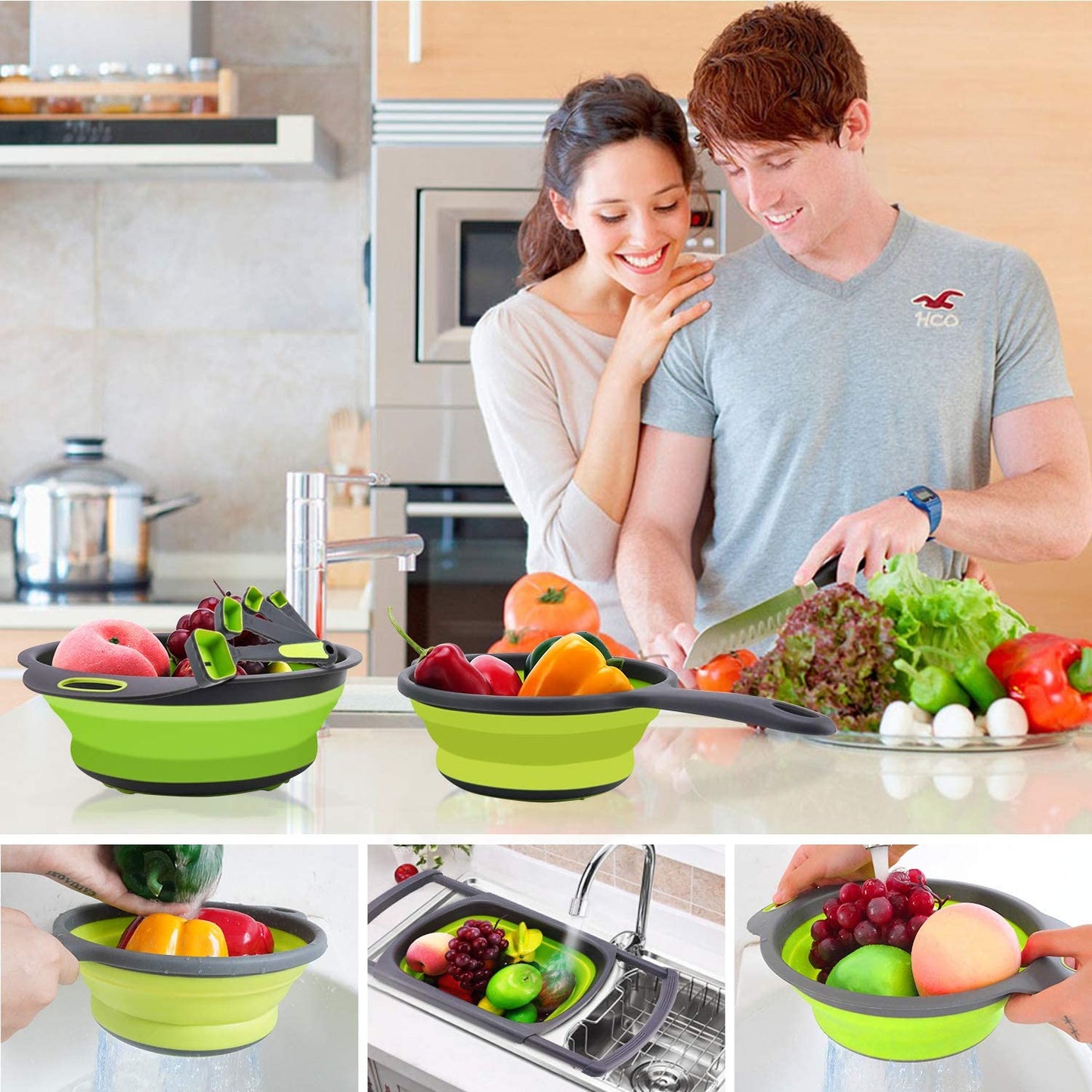 Plastic Fruit Vegetable Wash Colander 3 Pieces Collapsible Silicone Food Washing Strainer Basket