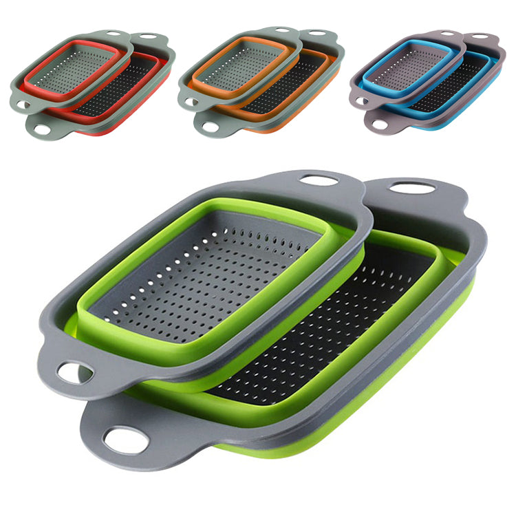 Silicone 2 Pieces Set Foldable Square Fruit Vegetable Drain Basket Strainer