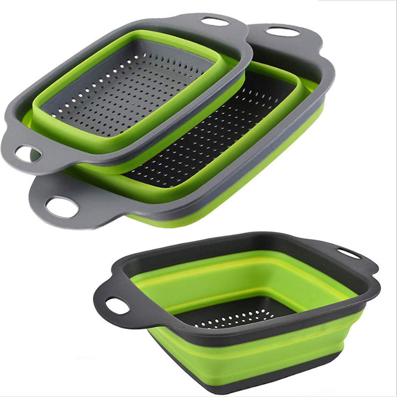 Silicone 2 Pieces Set Foldable Square Fruit Vegetable Drain Basket Strainer