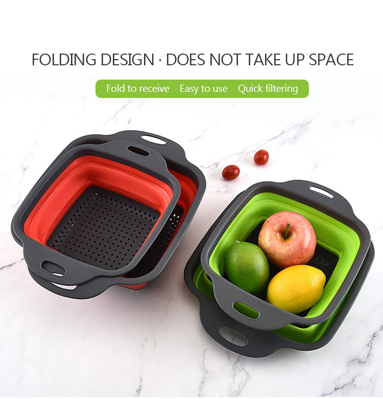 Silicone 2 Pieces Set Foldable Square Fruit Vegetable Drain Basket Strainer