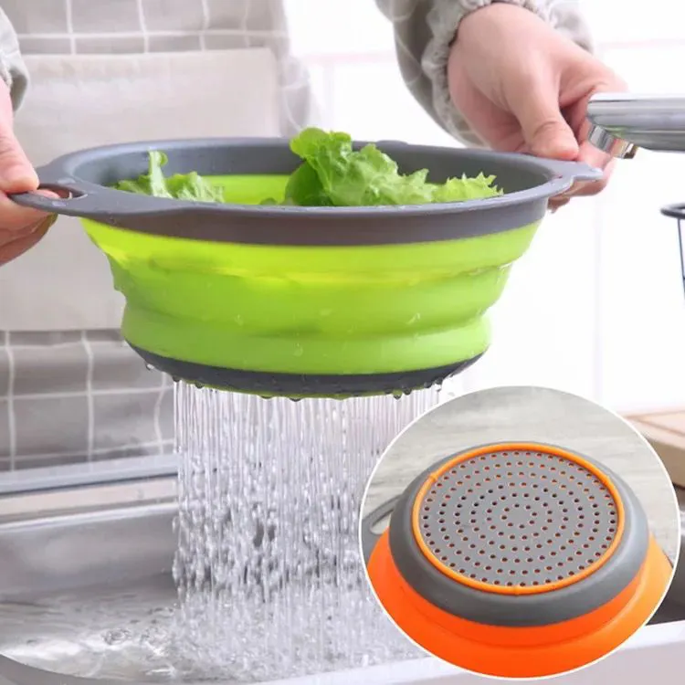 Kingwise Silicone Foldable Filter Strainer Round Collapsible Colander Kitchen Plastic Fruit Vegetable Washing Drain Basket