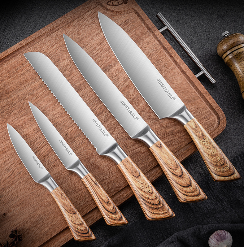 Kingwise wood grain stainless Steel Kitchen Cleaver six-piece set