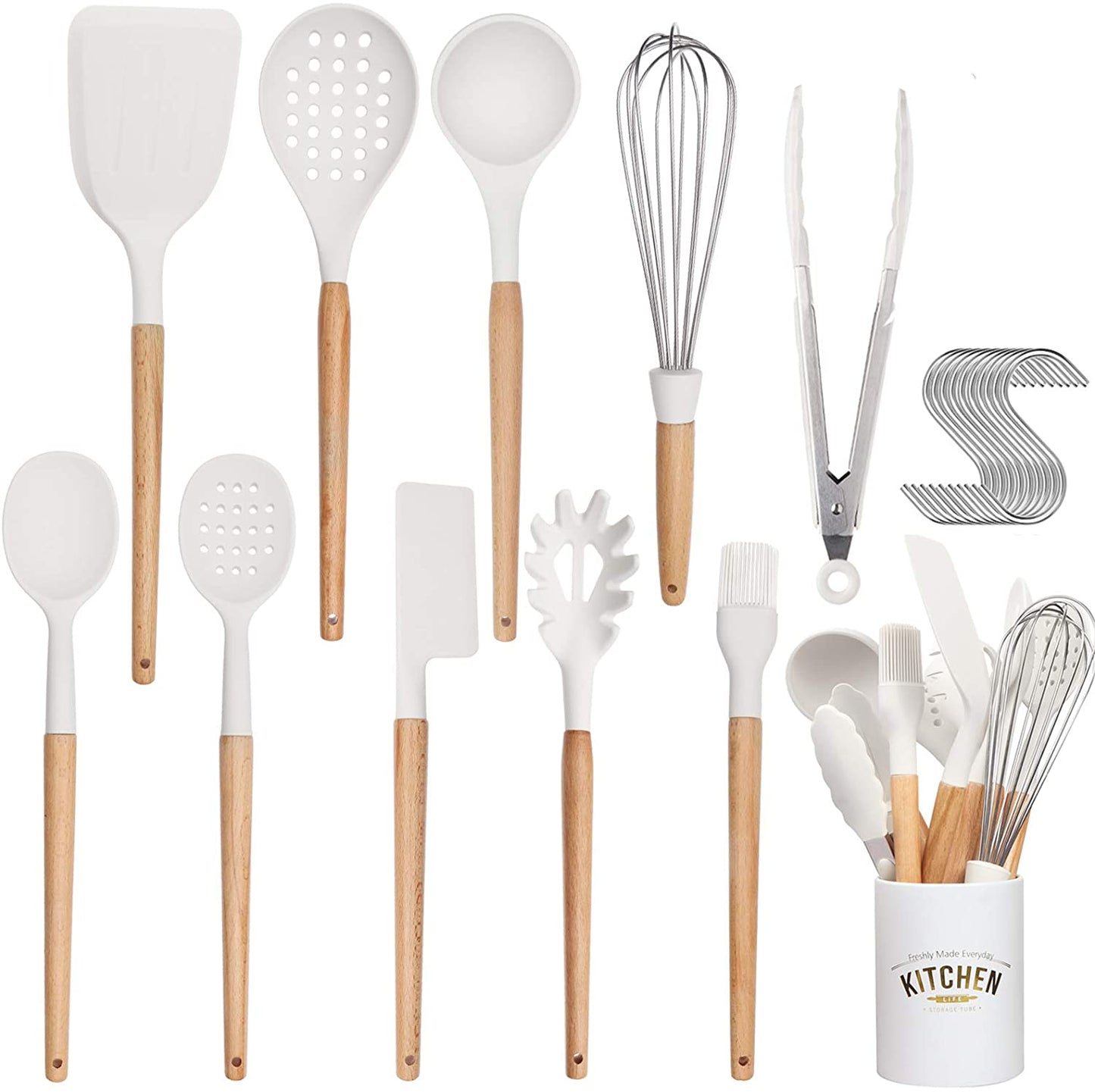 Kingwise De Cocina 10 pieces White Wooden Cooking Tool Heat Resistant Silicone Kitchen Utensils Set