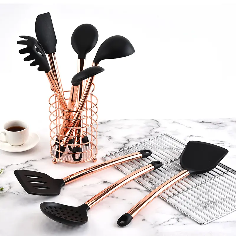 KINGWISE Rose Gold Stainless Steel Handle Cooking Tools Kits 9 Pieces Kitchen Utensil Set Silicone