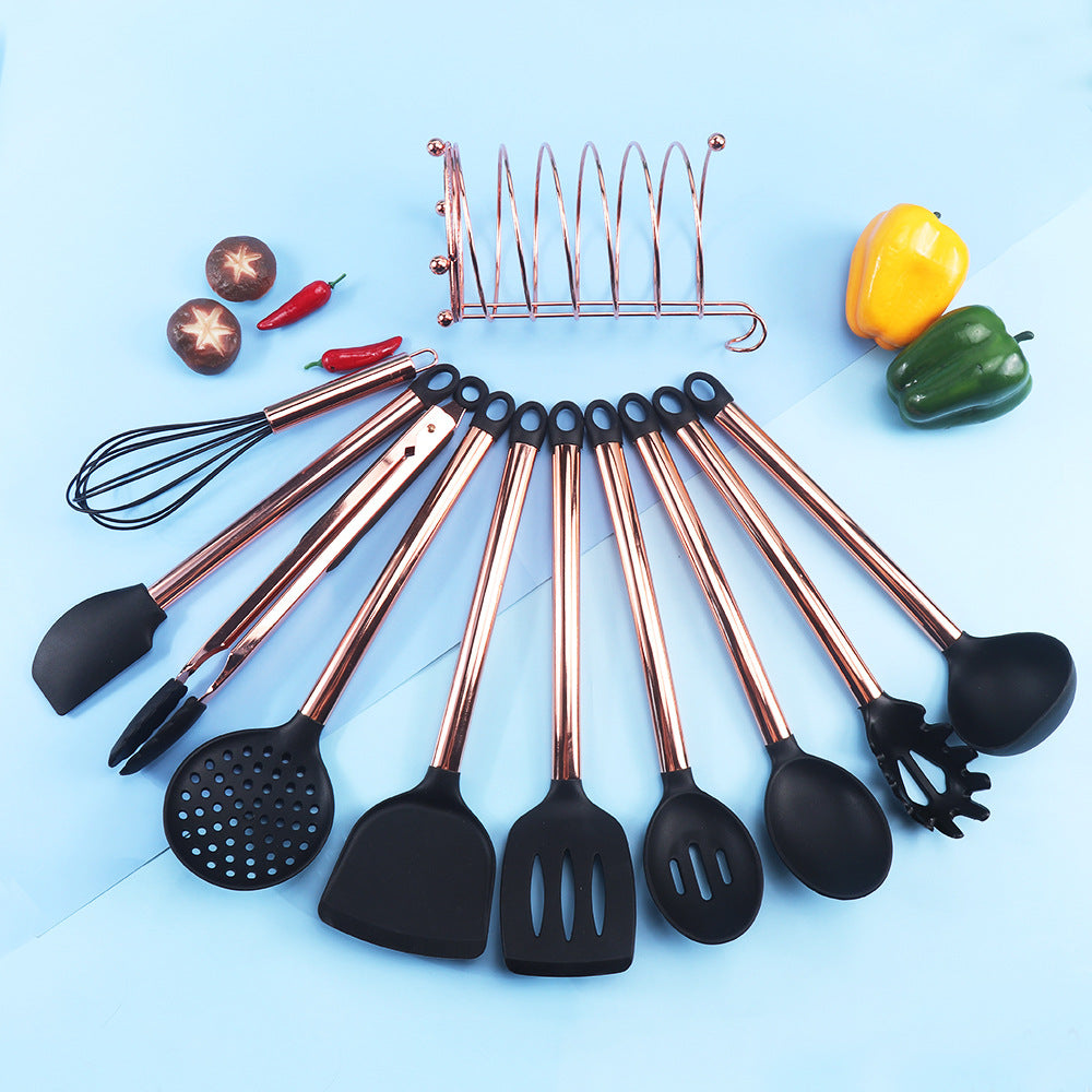 KINGWISE Rose Gold Stainless Steel Handle Cooking Tools Kits 9 Pieces Kitchen Utensil Set Silicone