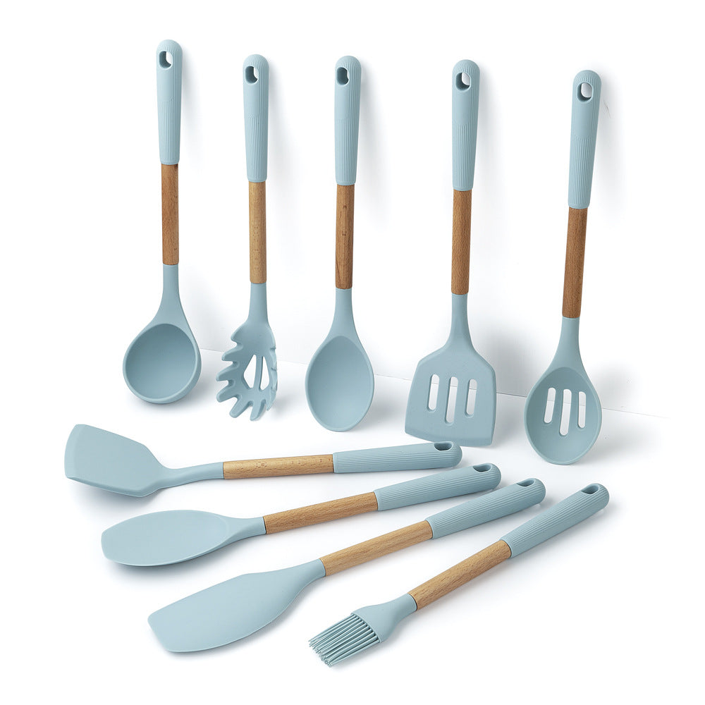 KINGWISE Blue 9 Pieces Nordic Kitchen Wares Non Stick Cooking Serving Utensils Set with Wooden Handle