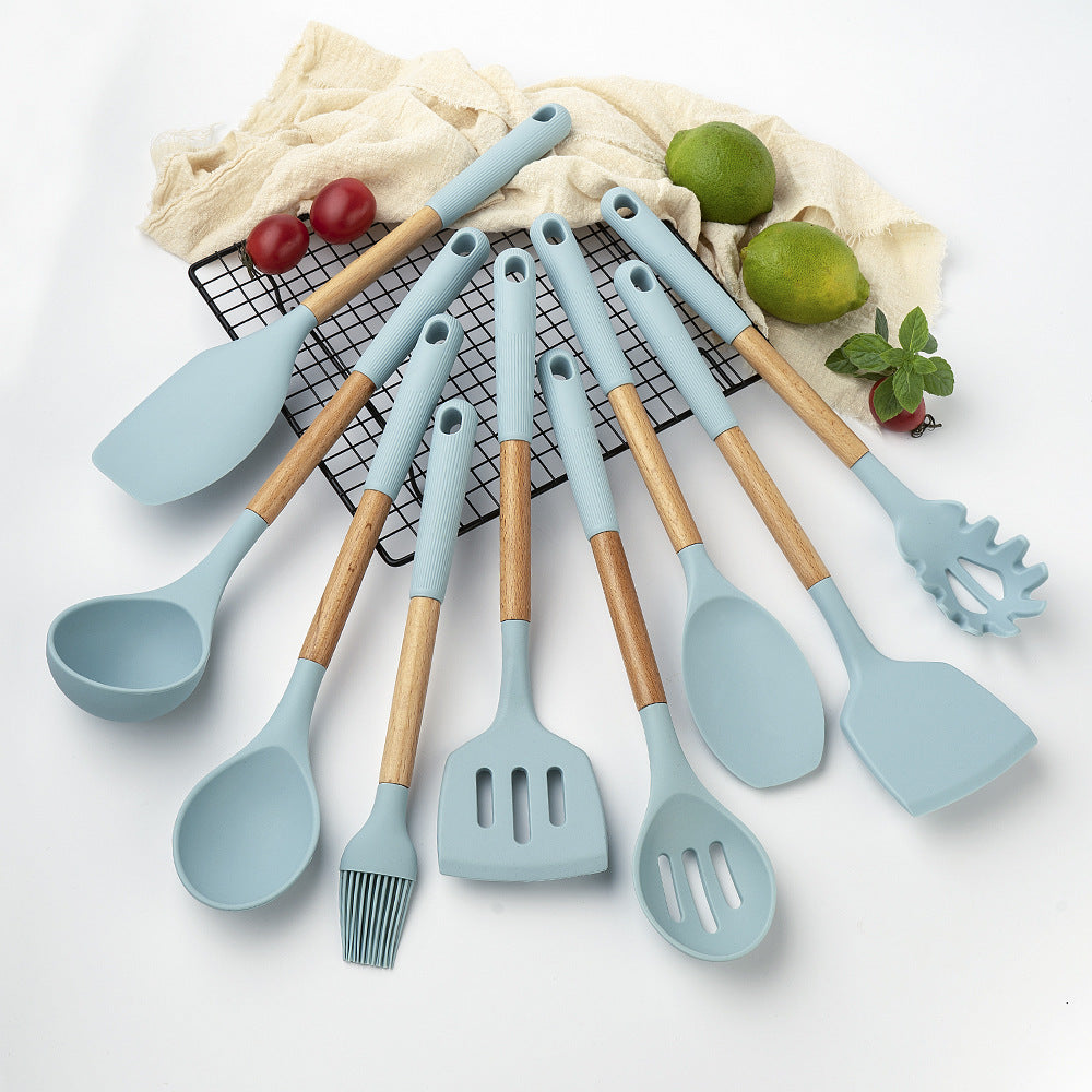 KINGWISE Blue 9 Pieces Nordic Kitchen Wares Non Stick Cooking Serving Utensils Set with Wooden Handle