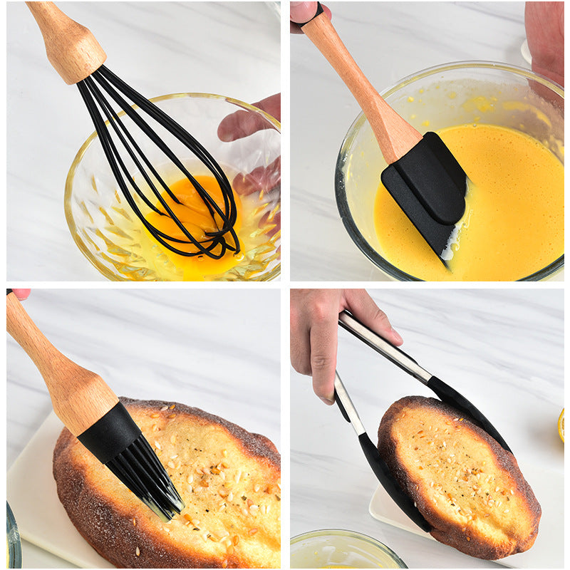 Kingwise Manufacturer Supply Silicone Cookware Set Heat Resistant Baking Spatula Scraper tool set with Wooden Handle