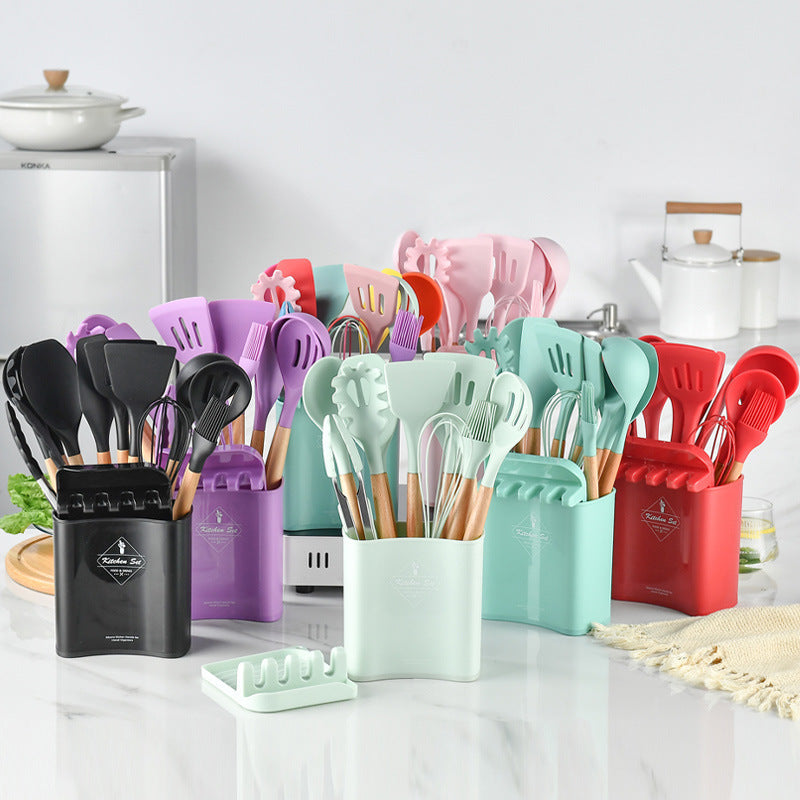 KINGWISE Beech Wood Kitchen Utensils De Cocin Food Grade Silicone 12 Pcs Cooking Tools Utensil Set with Storage Rack