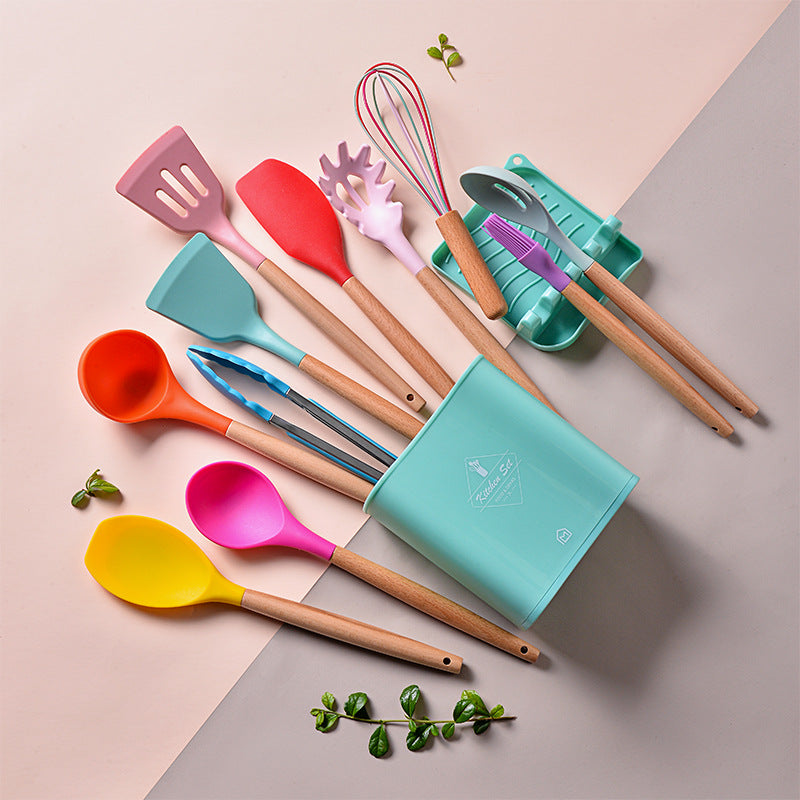 KINGWISE Beech Wood Kitchen Utensils De Cocin Food Grade Silicone 12 Pcs Cooking Tools Utensil Set with Storage Rack