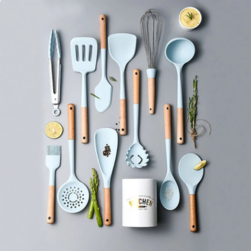 Kingwise 9/10/12 pieces kitchen silicon cooking spoons utensils set with holder wooden handle