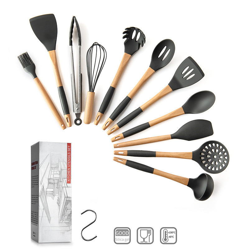 Kingwise 11PCS Silicone Cooking Utensil Set Non-stick Spoon Wooden Handle Kitchenware