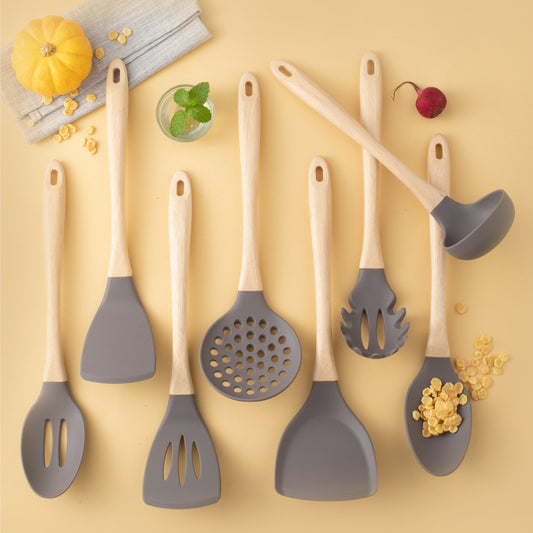 Kingwise new design home wooden handle kitchen silicone utensil set