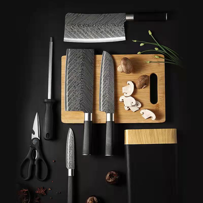 7PCS Damascus Stainless Steel Kitchen Chef Knife Set with Knife Block Holder