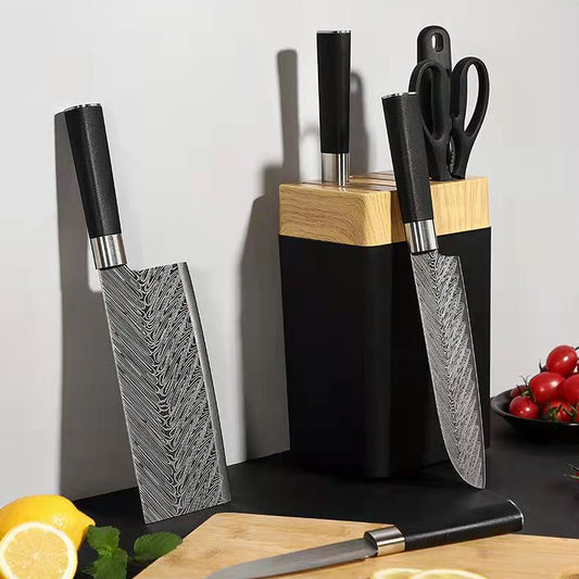 7PCS Damascus Stainless Steel Kitchen Chef Knife Set with Knife Block Holder