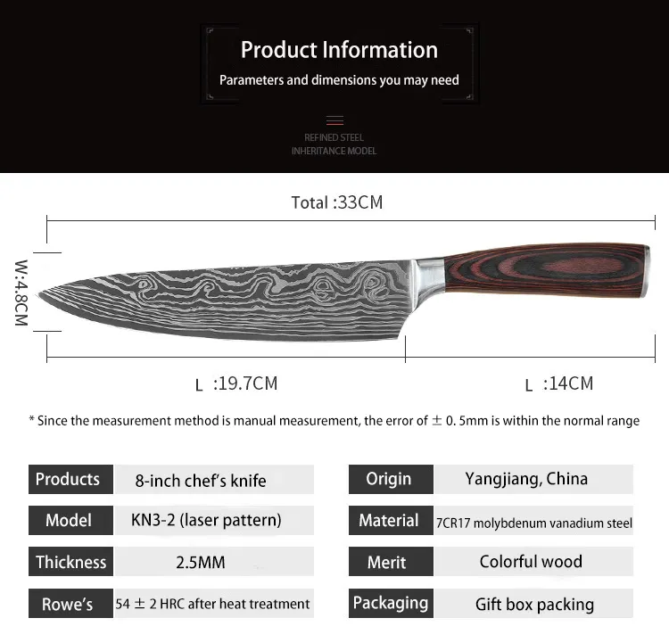 Kingwise G10 Handle Japanese Steel 8 Inch Kitchen Chef Knife with Ridge Pattern